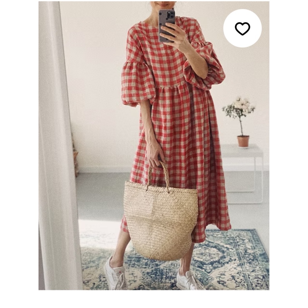 Linen Red Checkered Midi Dress